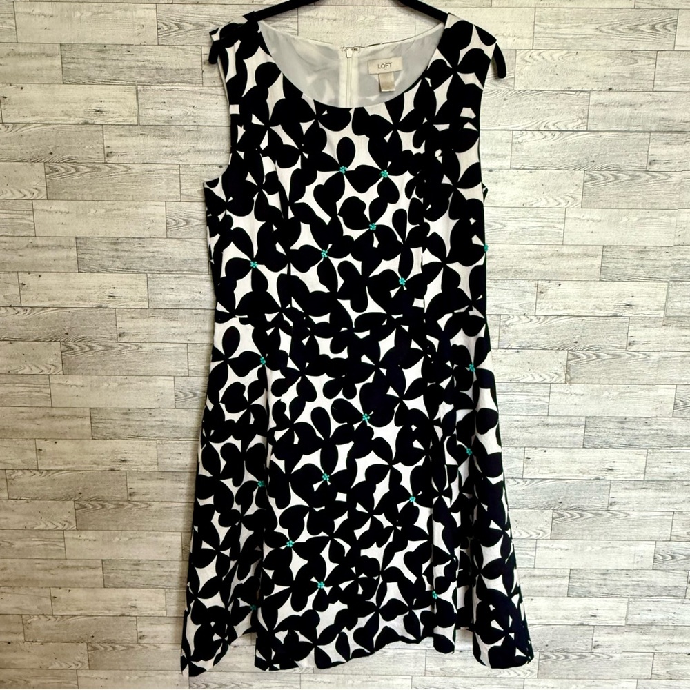 Loft Navy/White Floral Print Summer Dress Cocktail, Coastal Sz-12 Turquoise Bead